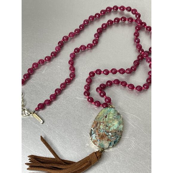 PANACEA Ruby Beaded Gemstone Stone Tassel Pendant 32in Necklace Hand Knotted - Picture 1 of 4